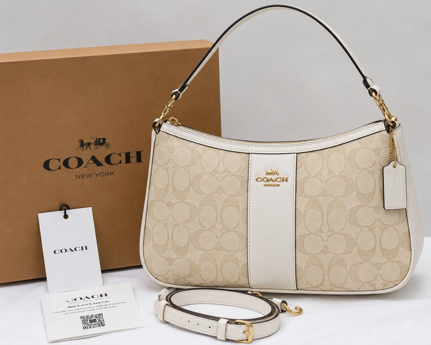 Authentic Coach Teri 2Way Shoulder Bag CA548 Signature Canvas White Smooth Leather