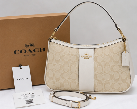 Authentic Coach Teri 2Way Shoulder Bag CA548 Signature Canvas White Smooth Leather